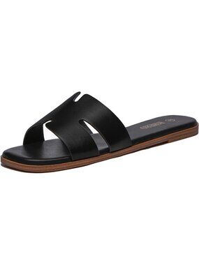Women's Black Dressy Flat Sandals Comfortable Slip On Leather Slide Sandals